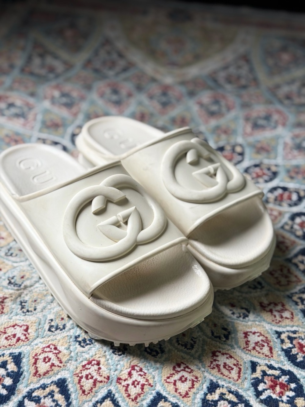 Gucci Cream Interlocking G Platform Slides